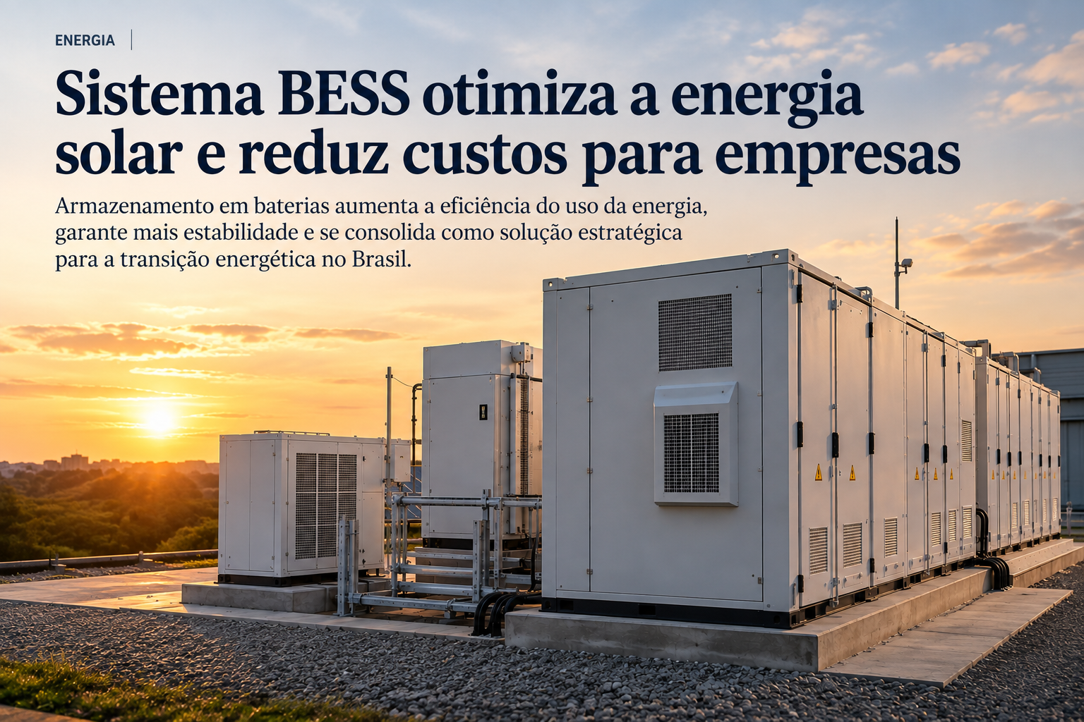 Sistema de armazenamento de energia em baterias BESS instalado em empreendimento empresarial.